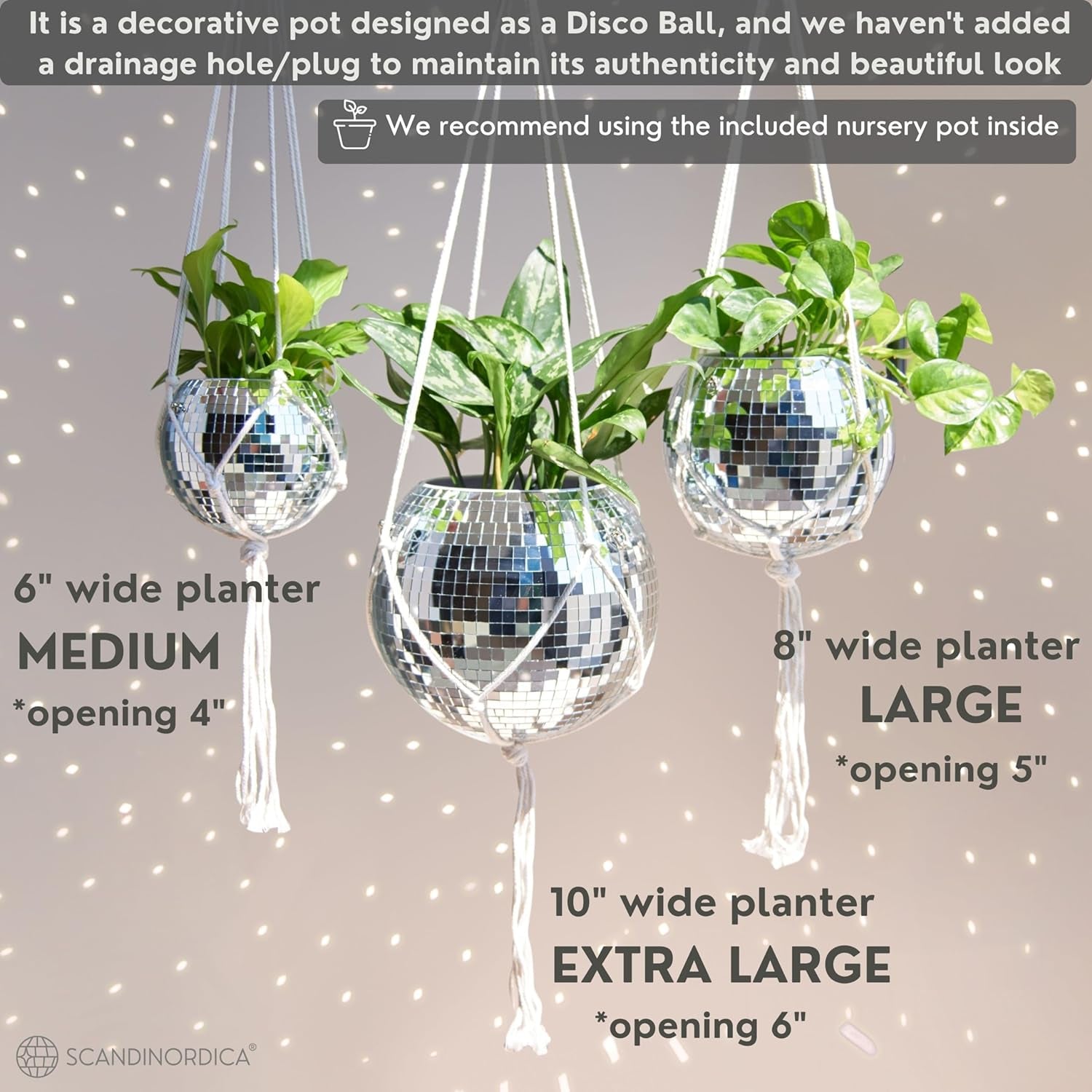 Elevate Your Space with the 8" Silver Disco Ball Planter – Complete Set with Chain, Macrame Hanger, and Self-Watering Insert for Funky Home Decor