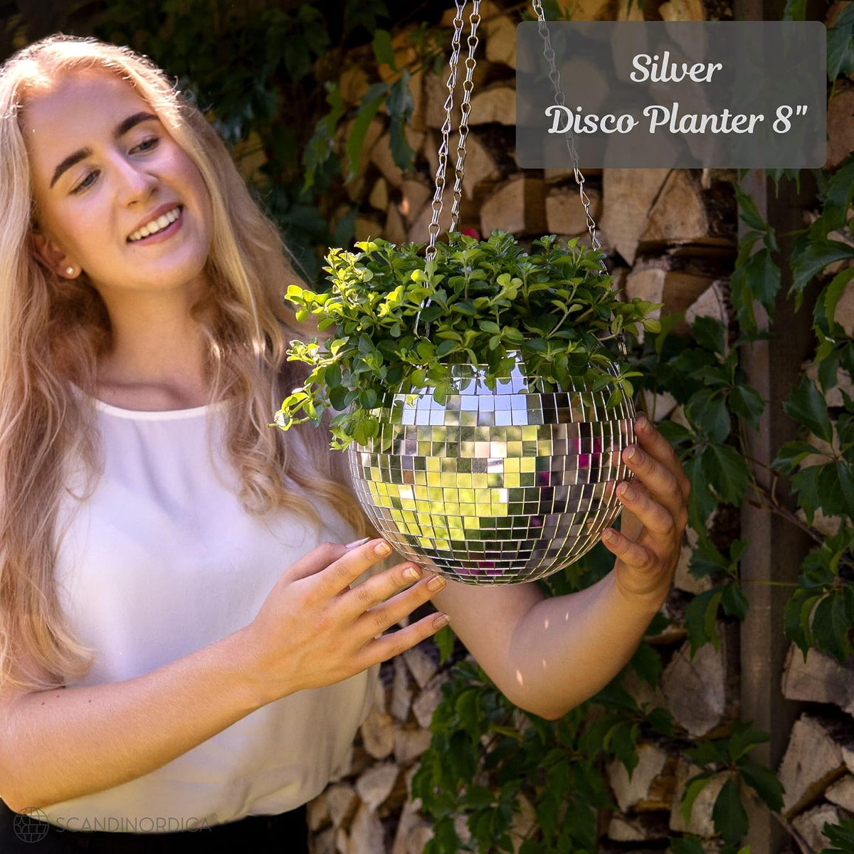 Elevate Your Space with the 8" Silver Disco Ball Planter – Complete Set with Chain, Macrame Hanger, and Self-Watering Insert for Funky Home Decor