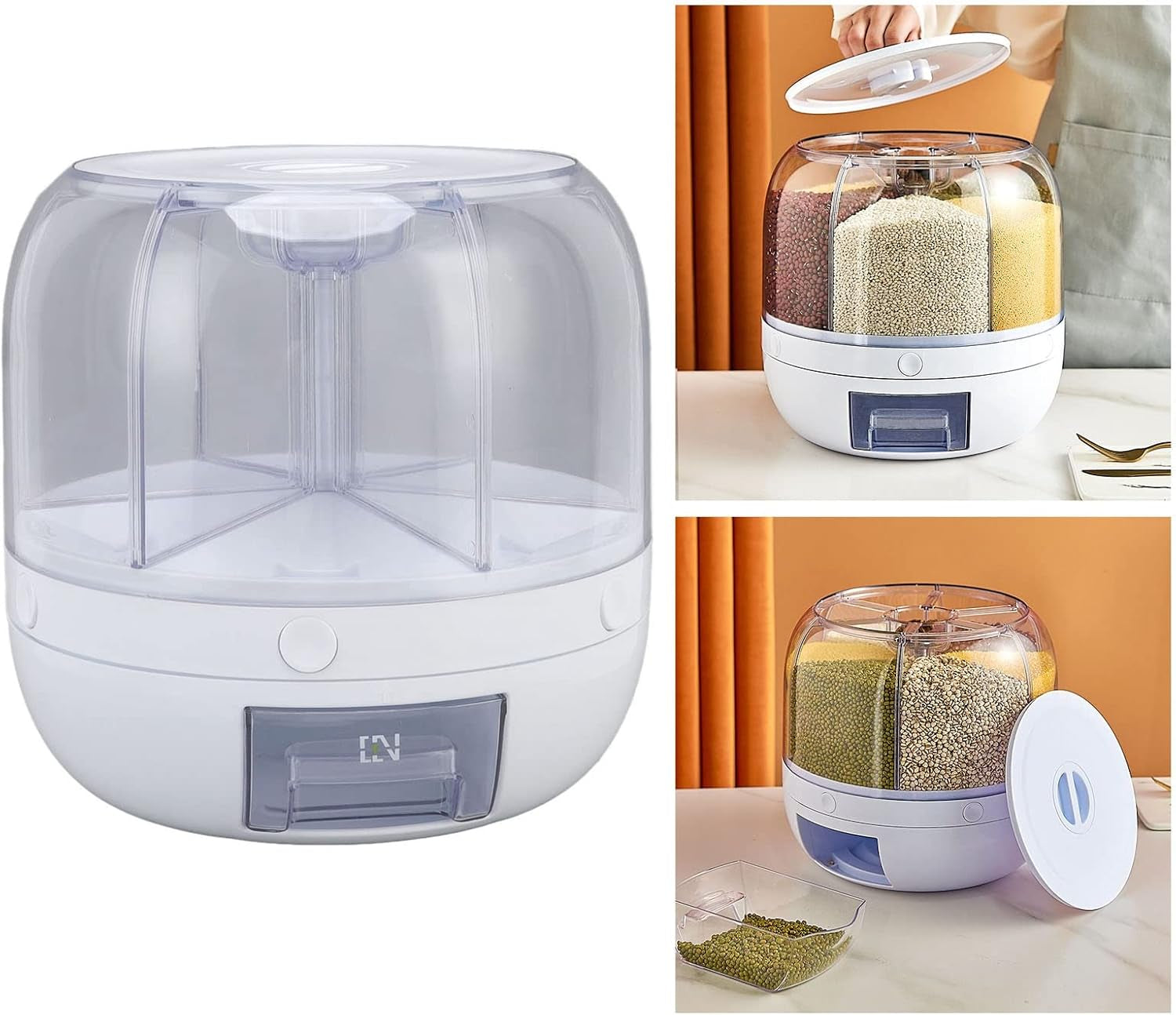 Versatile 6-Grid Rice & Grain Storage Container - 360° Rotating Dry Food Dispenser for Home Kitchen (5Kg)