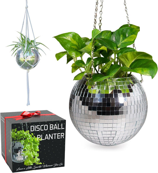 Elevate Your Space with the 8" Silver Disco Ball Planter – Complete Set with Chain, Macrame Hanger, and Self-Watering Insert for Funky Home Decor