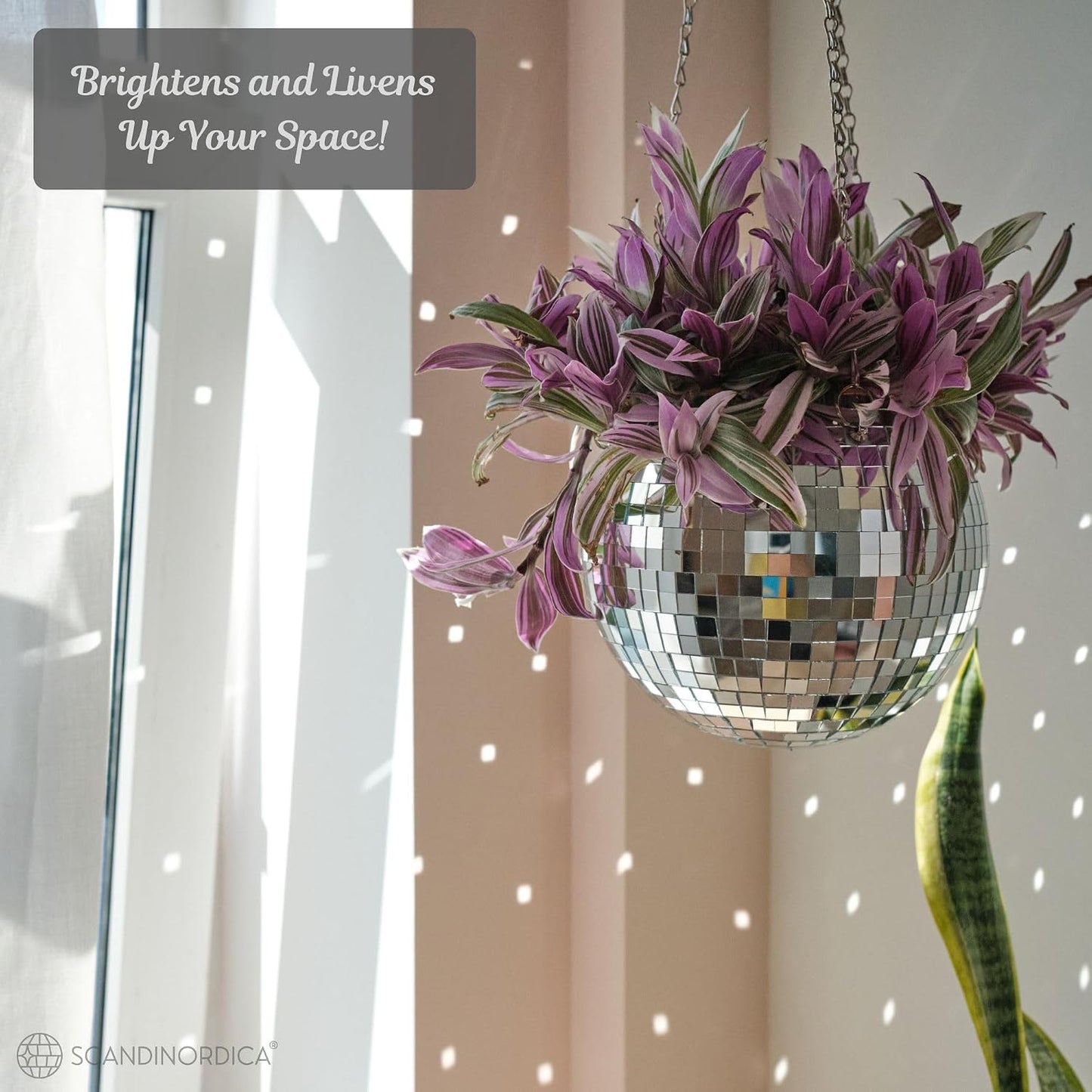 Elevate Your Space with the 8" Silver Disco Ball Planter – Complete Set with Chain, Macrame Hanger, and Self-Watering Insert for Funky Home Decor