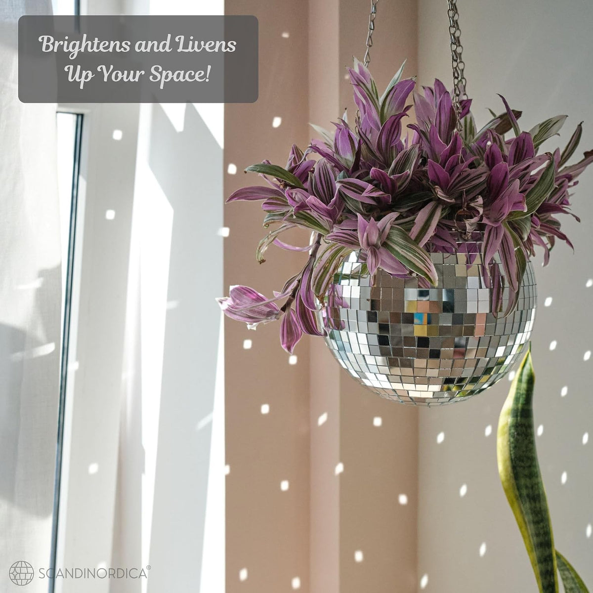 Elevate Your Space with the 8" Silver Disco Ball Planter – Complete Set with Chain, Macrame Hanger, and Self-Watering Insert for Funky Home Decor