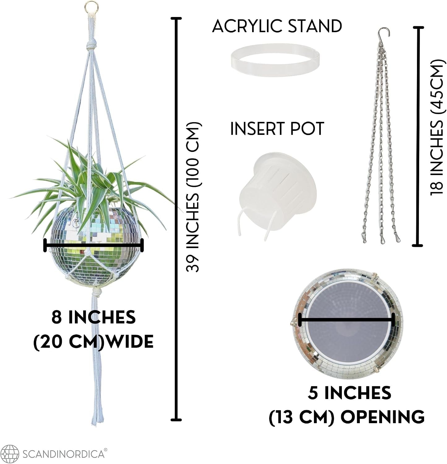 Elevate Your Space with the 8" Silver Disco Ball Planter – Complete Set with Chain, Macrame Hanger, and Self-Watering Insert for Funky Home Decor