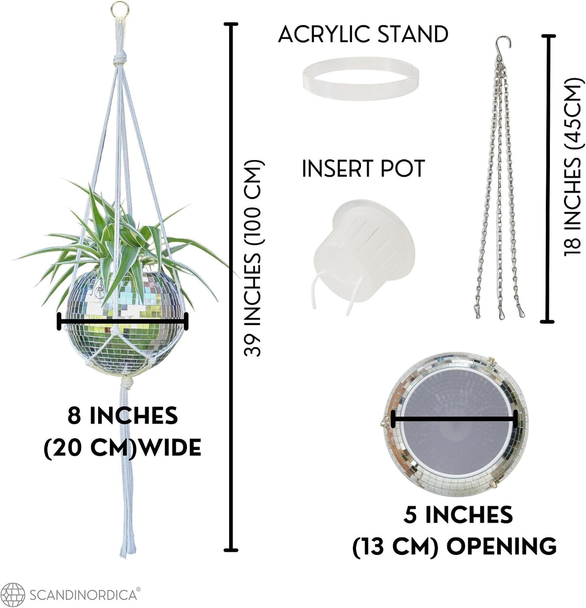 Elevate Your Space with the 8" Silver Disco Ball Planter – Complete Set with Chain, Macrame Hanger, and Self-Watering Insert for Funky Home Decor